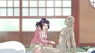 Hentai girl slowly jerks off a monster cock
